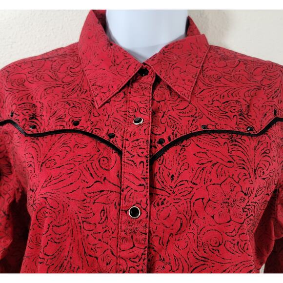 Wrangler Red Black Rhinestones Button Snap Top Medium Lightweight Collard Soft - Picture 5 of 6
